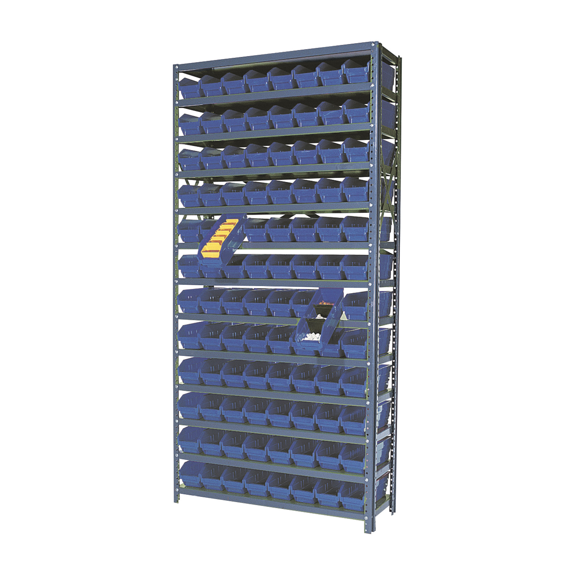 Quantum Storage Single Side Metal Shelving Unit With 96 Bins, 12in. x 36in. x 75in. Rack Size, Blue, Model # 1275-101BL